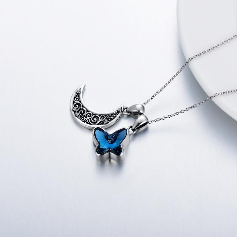 Blue Butterfly Crescent Moon Urn Necklace for Ashes