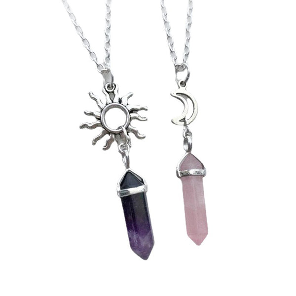 Elegant Vintage Sun Moon Crystal Necklace | Amethyst Obsidian Pendant