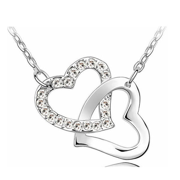 Lady Rhinestone Double Heart Pendant Necklace - 2 Hearts, 1 Love