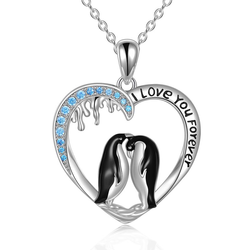 Sterling Silver I Love You Forever Heart Penguin Pendant Necklace