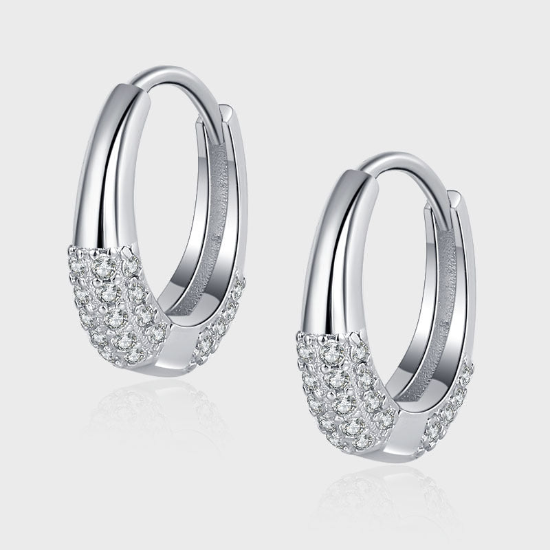 Sterling Silver S925 French Oval Minimal Design Diamond Set Zircon Earrings