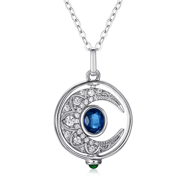 S925 Silver Moon Rotating Necklace with Natural Sapphire