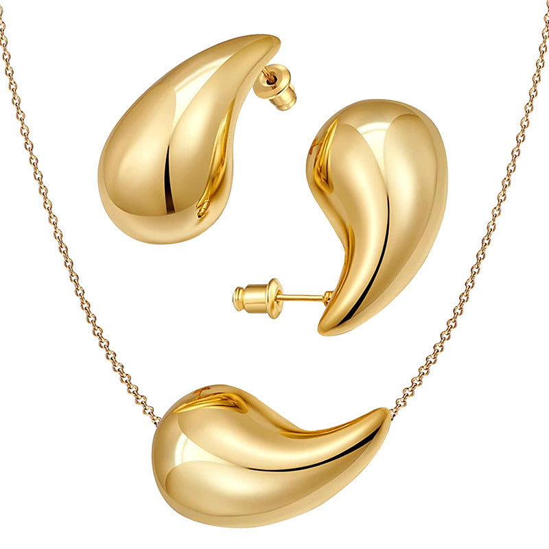 Thick Gold Hoop Earrings & Teardrop Hollow Necklace Set