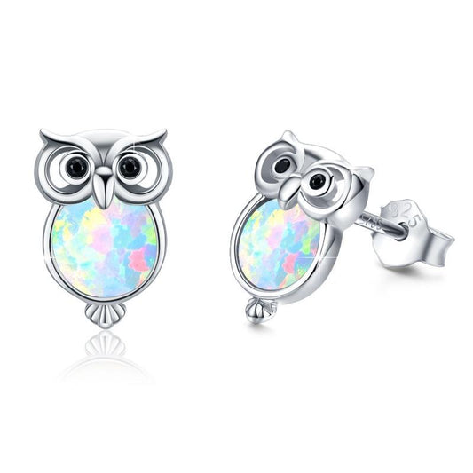 Small Cute Owl Opal Stud Earrings - Sterling Silver