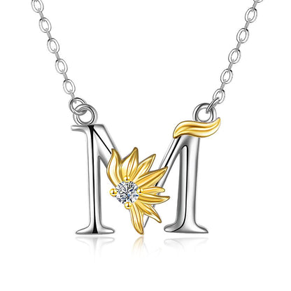 Sterling Silver Initial Alphabet Sunflower M Letter Script Name Pendant Necklace