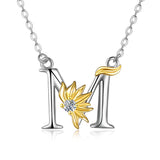 Sterling Silver Initial Alphabet Sunflower M Letter Script Name Pendant Necklace