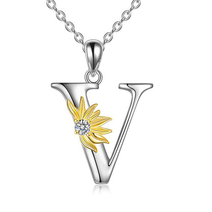 Sterling Silver Initial Alphabet Sunflower V Letter Script Name Pendant Necklace