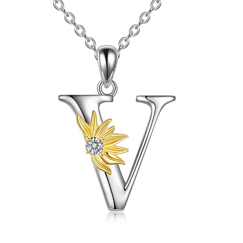 Sterling Silver Initial Alphabet Sunflower V Letter Script Name Pendant Necklace