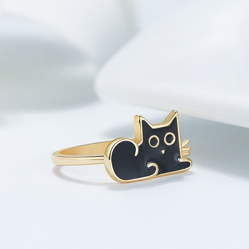 S925 Sterling Silver Cartoon Black Cat Ring