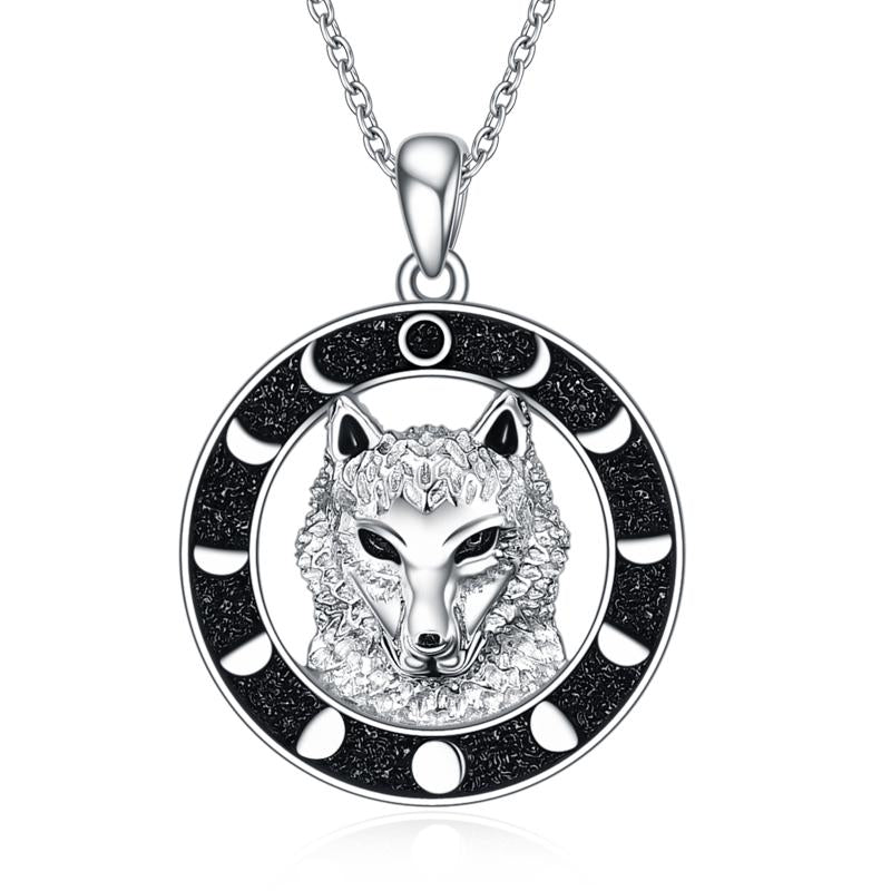 Wolf Pendant Necklace 925 Sterling Silver Moon Phase