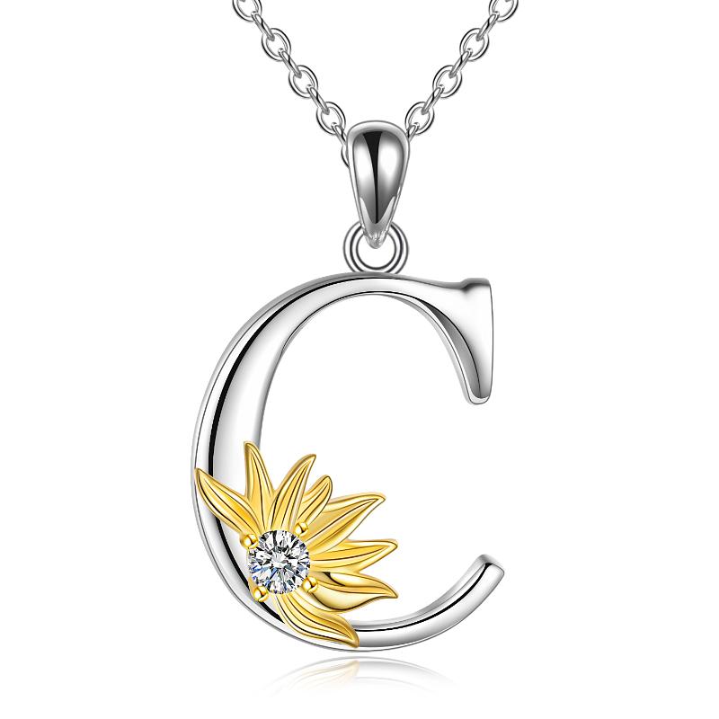 Sterling Silver Initial Alphabet Sunflower C Letter Script Name Pendant Necklace