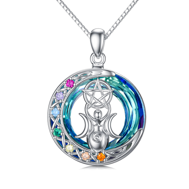 Chakra Triple Moon Goddess Crystal Necklace In White Gold Plated Sterling Silver