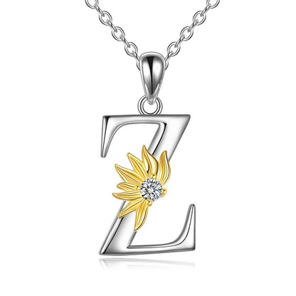 Sterling Silver Initial Alphabet Sunflower Z Letter Script Name Pendant Necklace