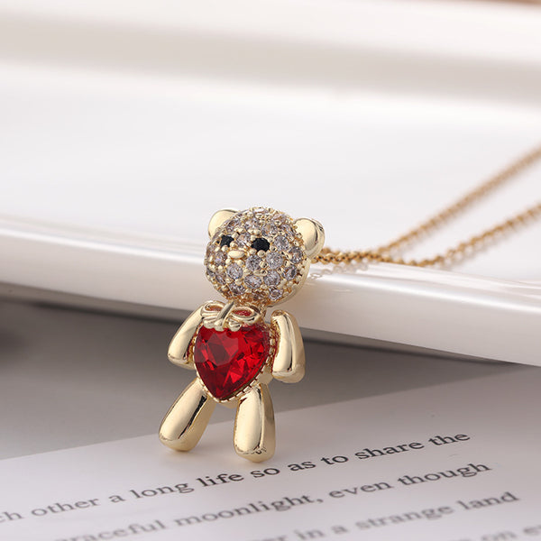 Classic Cute Bear Necklace: Red Heart Pendant for Lasting Love