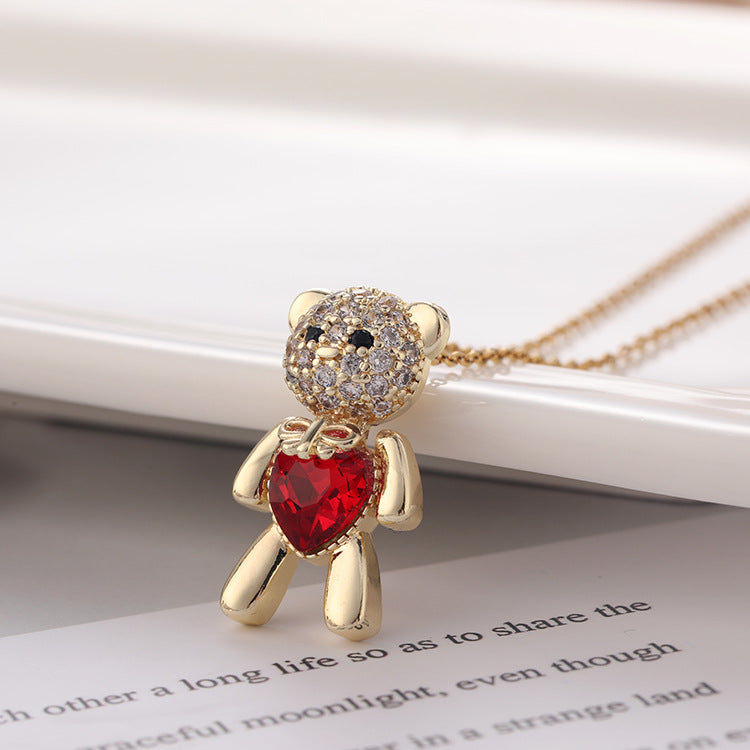Classic Cute Bear Necklace: Red Heart Pendant for Lasting Love