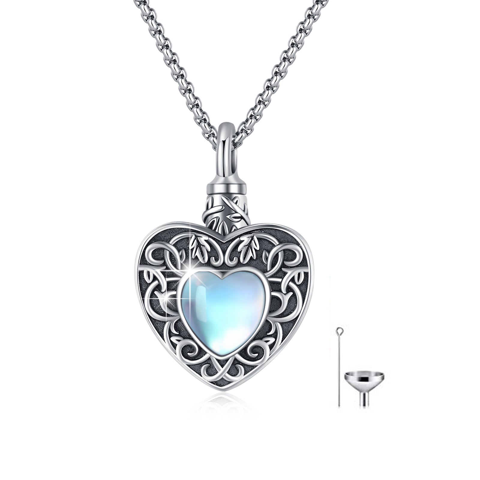 Heart Moonstone Urn Necklace for Ashes - 925 Silver Cremation Jewelry