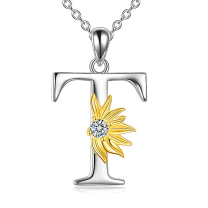 Sterling Silver Initial Alphabet Sunflower T Letter Script Name Pendant Necklace