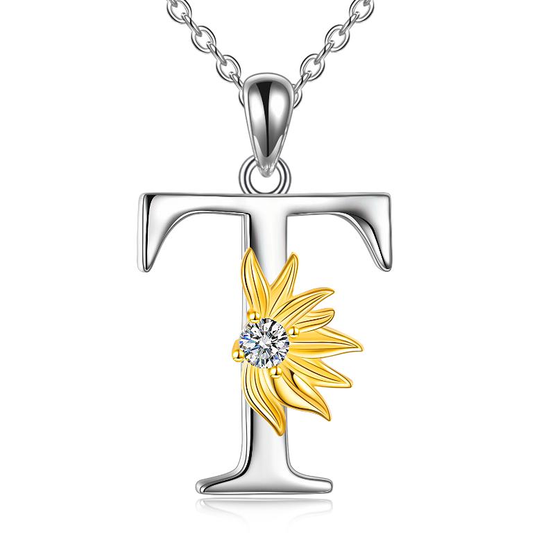 Sterling Silver Initial Alphabet Sunflower T Letter Script Name Pendant Necklace