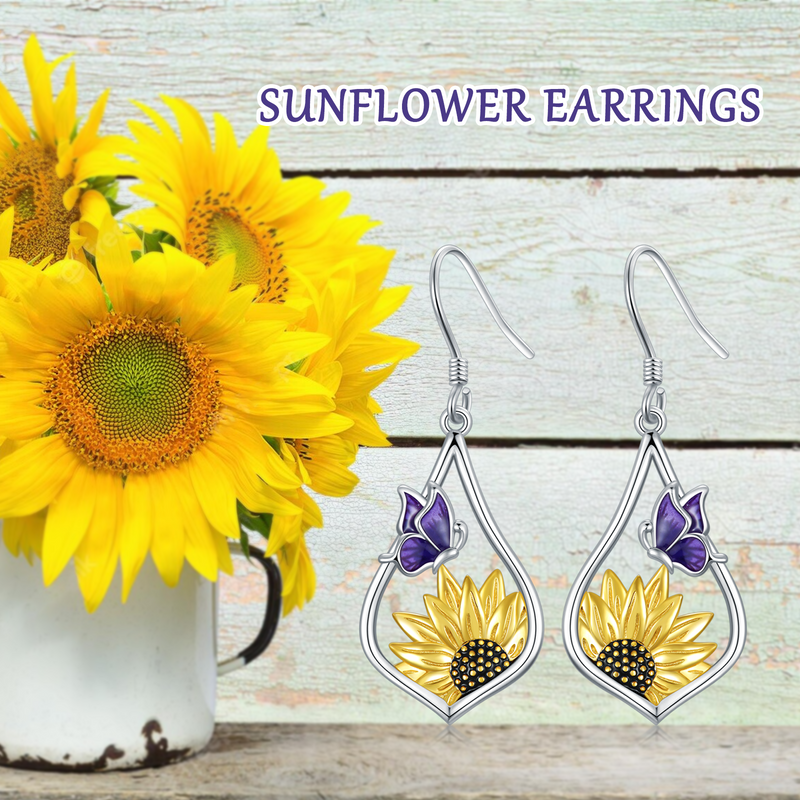 Sterling Silver Sunflower Dangle Earrings with Purple Butterfly Gift for Women