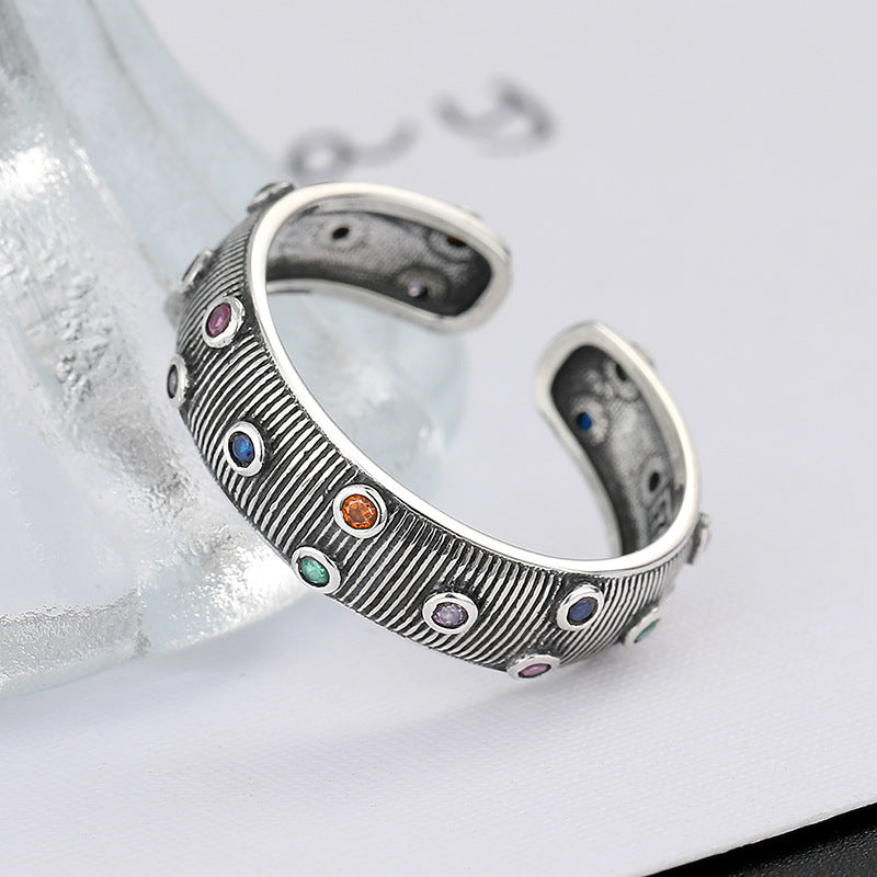 925 Sterling Silver Colorful Zircon Small Crowd Brushed Face C-type Index Ring Girl Obsesie