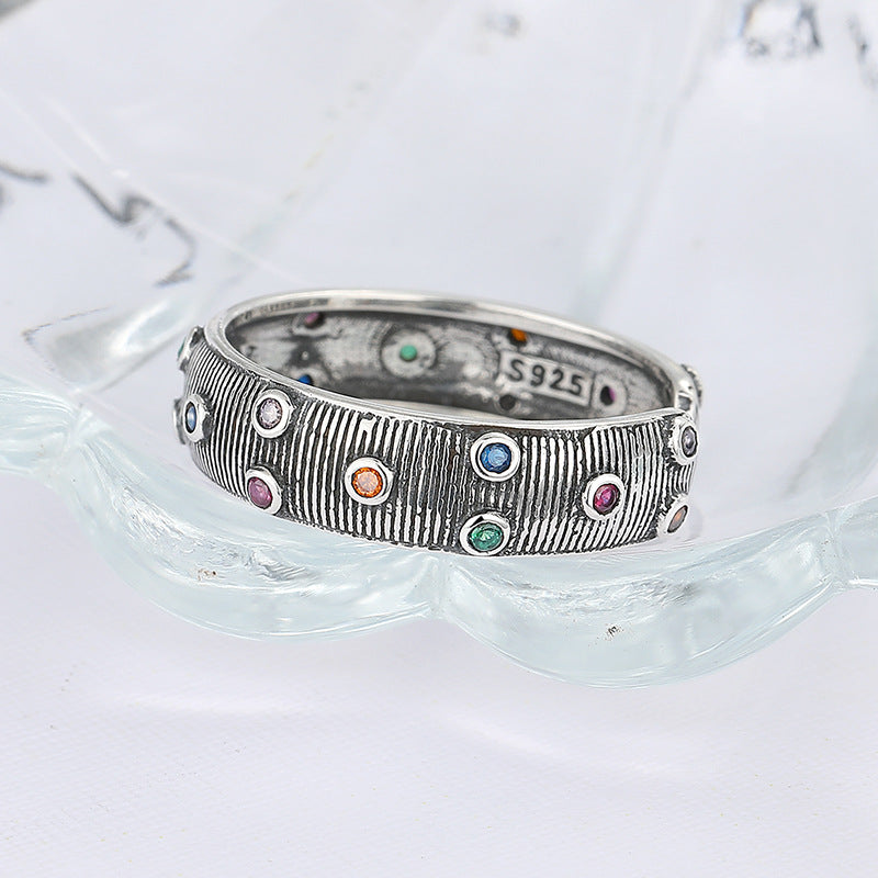 925 Sterling Silver Colorful Zircon Small Crowd Brushed Face C-type Index Ring Girl Obsesie