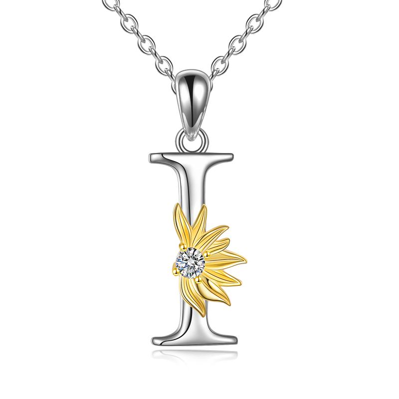 Sterling Silver Initial Alphabet Sunflower I Letter Script Name Pendant Necklace