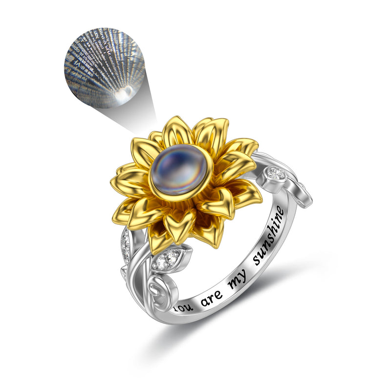 Sterling Silver Sunflower Ring with I Love You in 100 Languages You Are My Sunshine