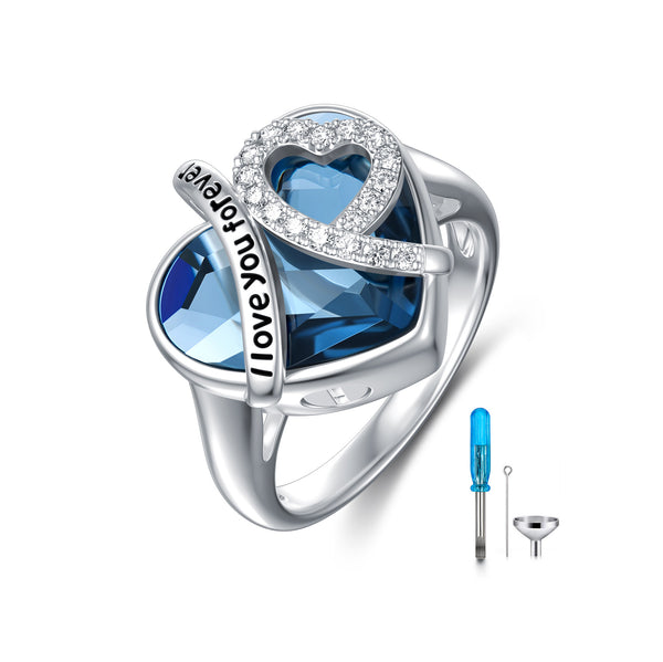 Heart Cremation Urn Ring with Crystal from Austria in White Gold Plated Sterling Silver