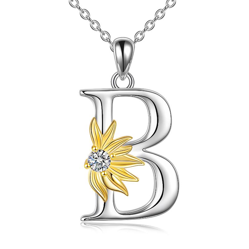 Sterling Silver Initial Alphabet Sunflower B Letter Script Name Pendant Necklace