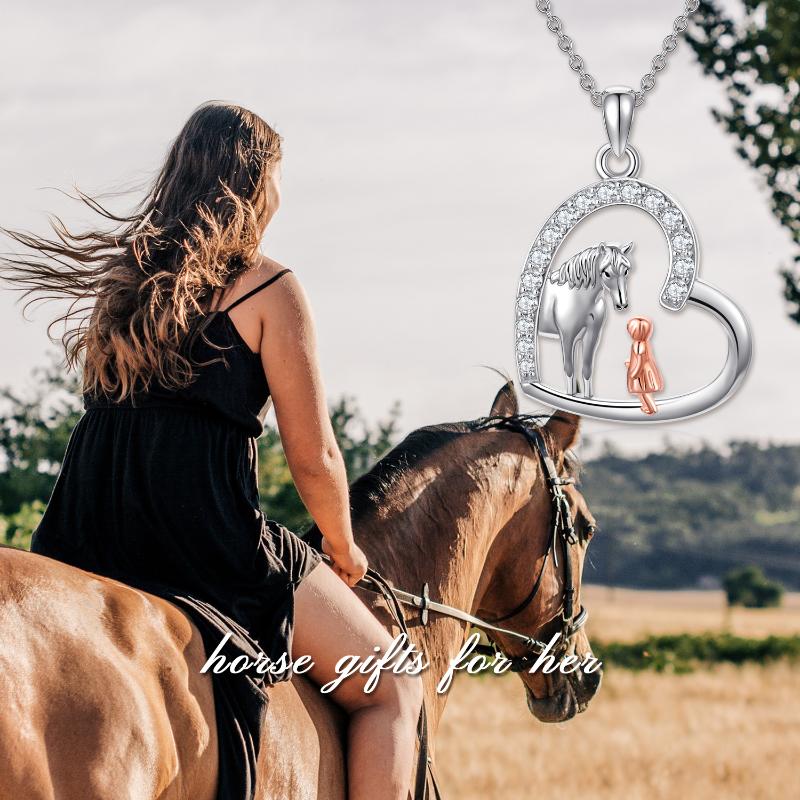Sterling Silver Heart Horse and Girl Pendant Necklace Jewelry Gifts for Women Girls Kids
