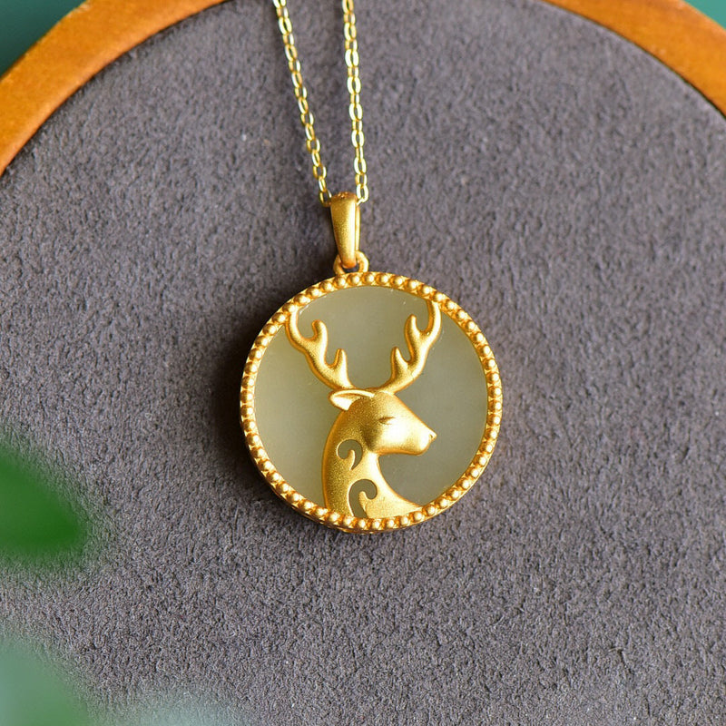 A Natural Hetian Jade Deer Round Pendant Set In Antique Gilt S925 Silver Obsesie