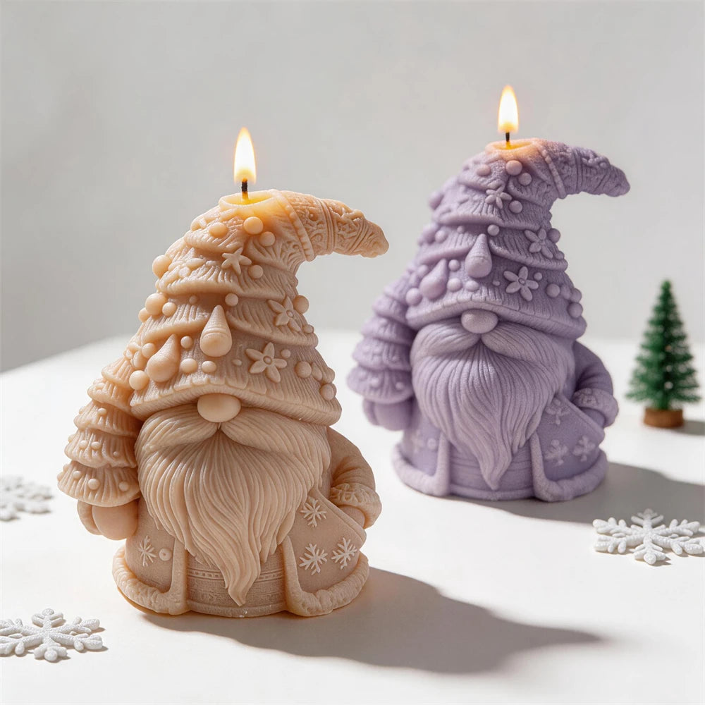 Cream and lilac gnome candles with layered Christmas tree hats