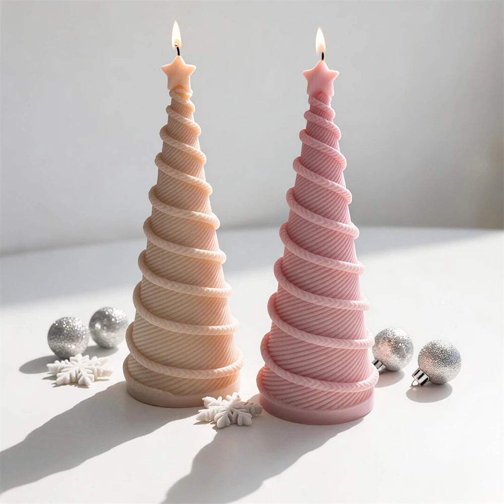 Tapered Christmas tree candles with stacked winding ridges