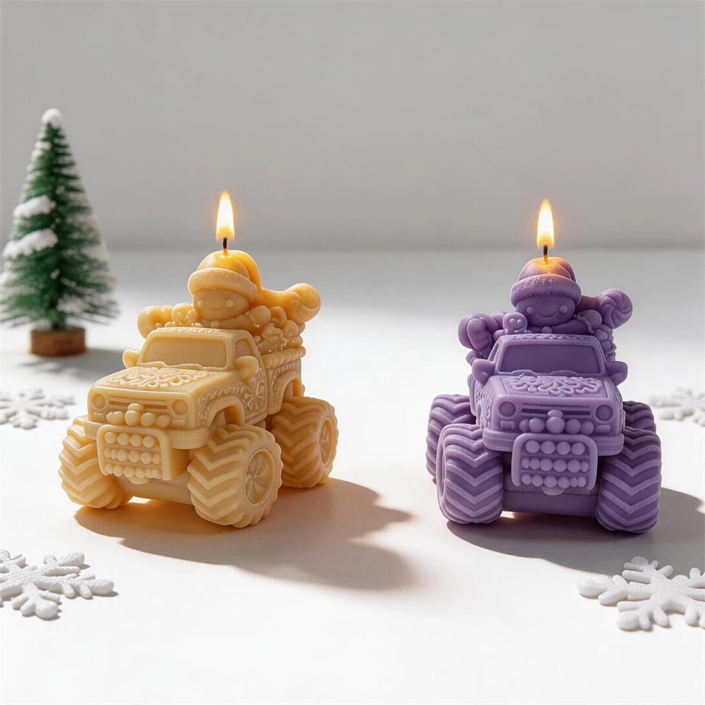 Yellow and purple truck candles with driver figures