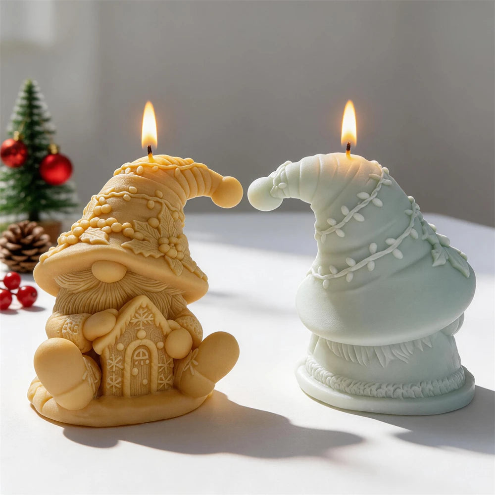 Front and rear views of gnome candles with curled floral hats