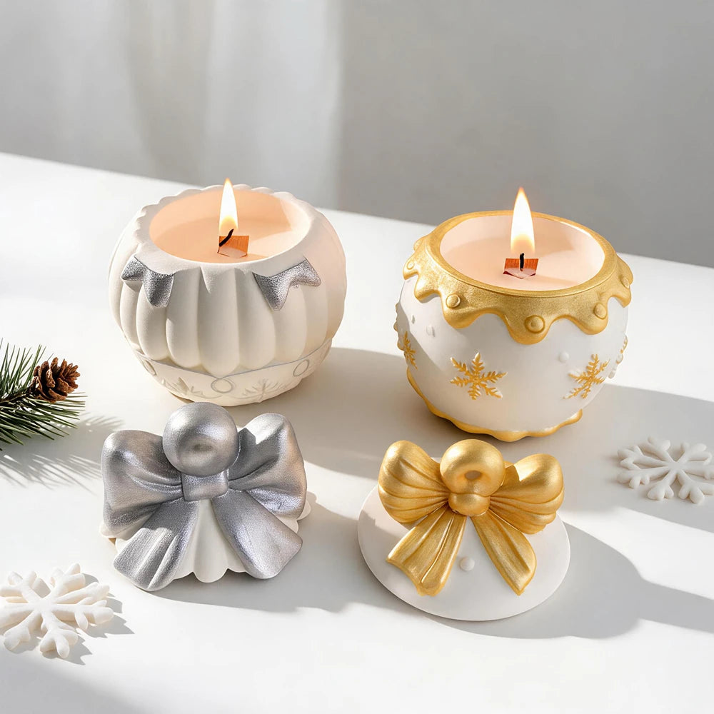 Gold and silver festive round ornament castings with candles and bow lids