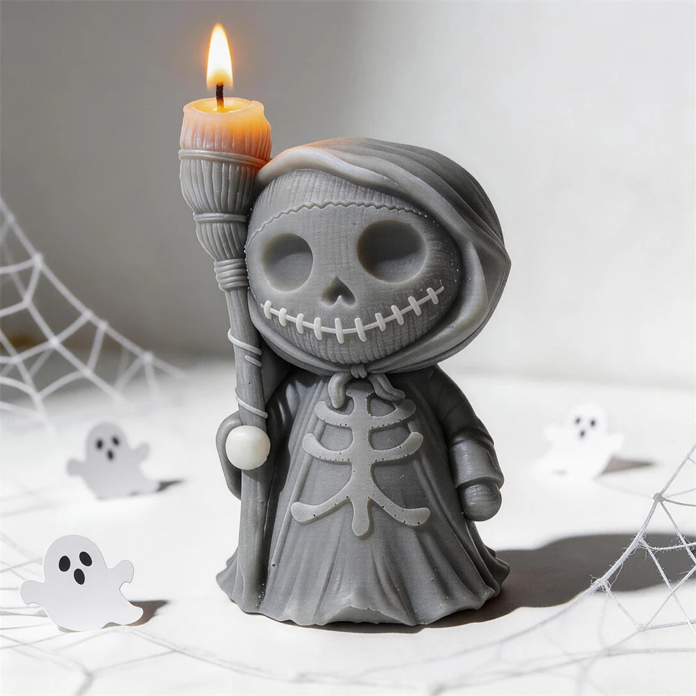 Close-up of a gray robed skeleton holding its molded broom