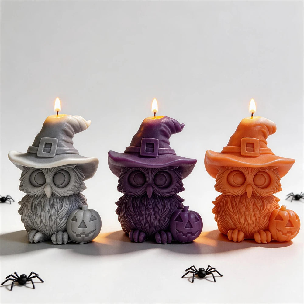 Gray purple and orange owls with buckled witch hats and jack-o-lanterns