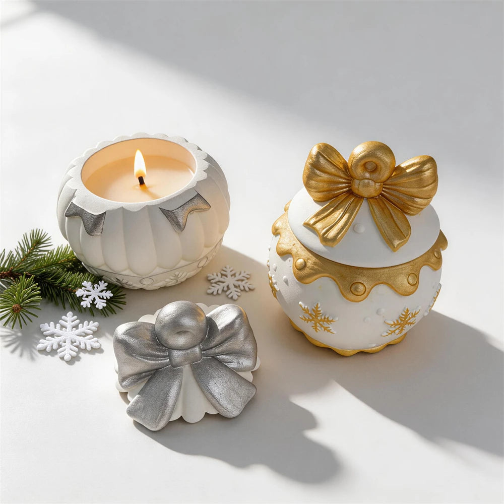 Open ornament vessels beside their matching large decorative bow lids