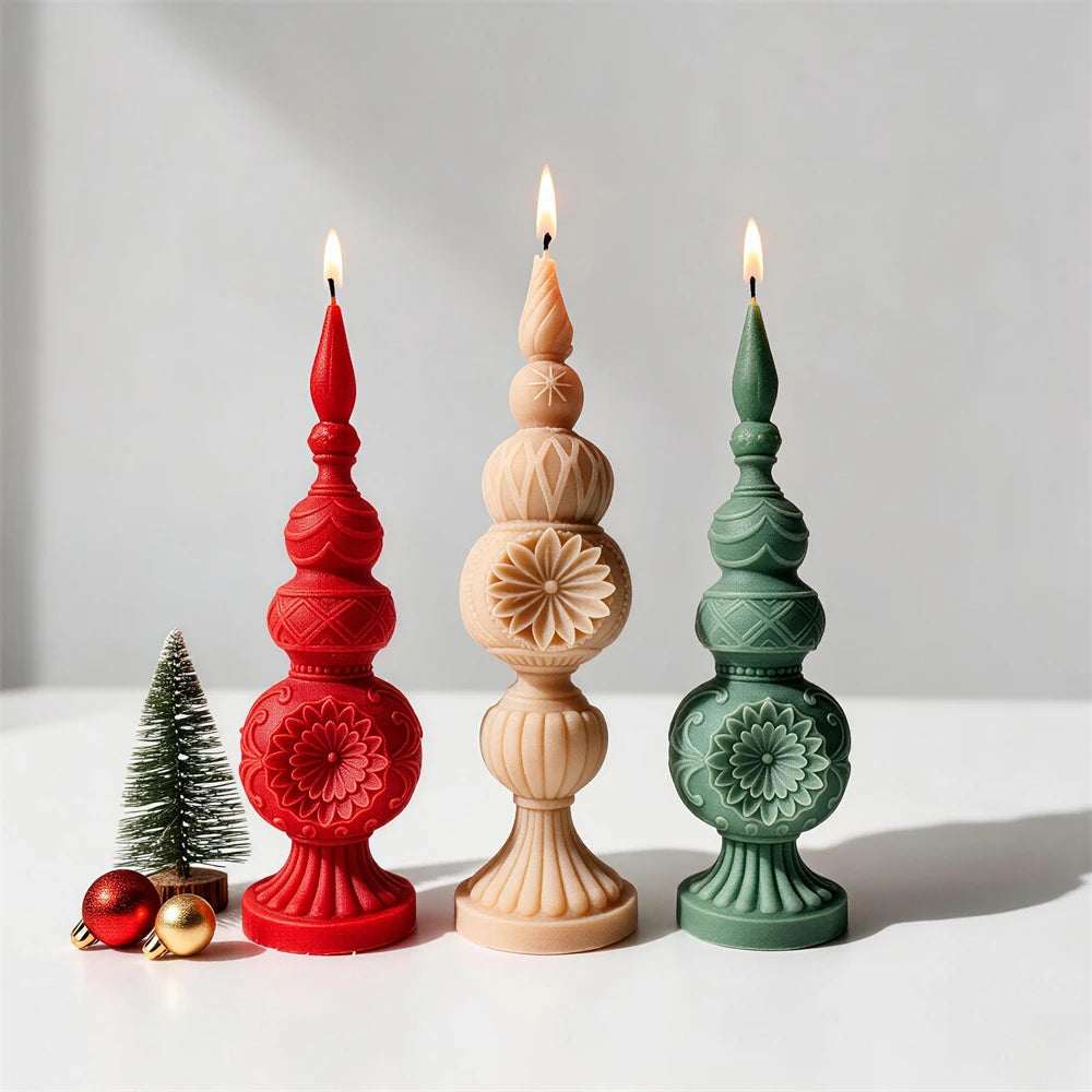 Red yellow and green finial castings with fluted bases