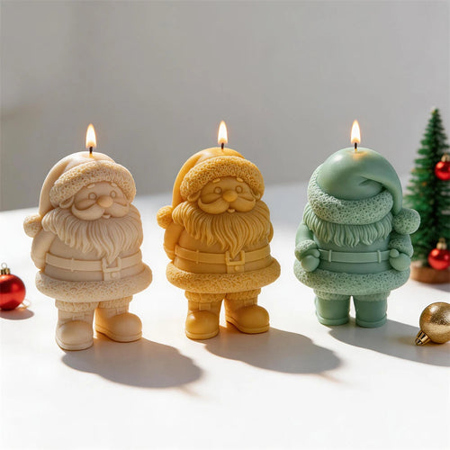 Front and rear Santa candle views showing the hat, beard and coat