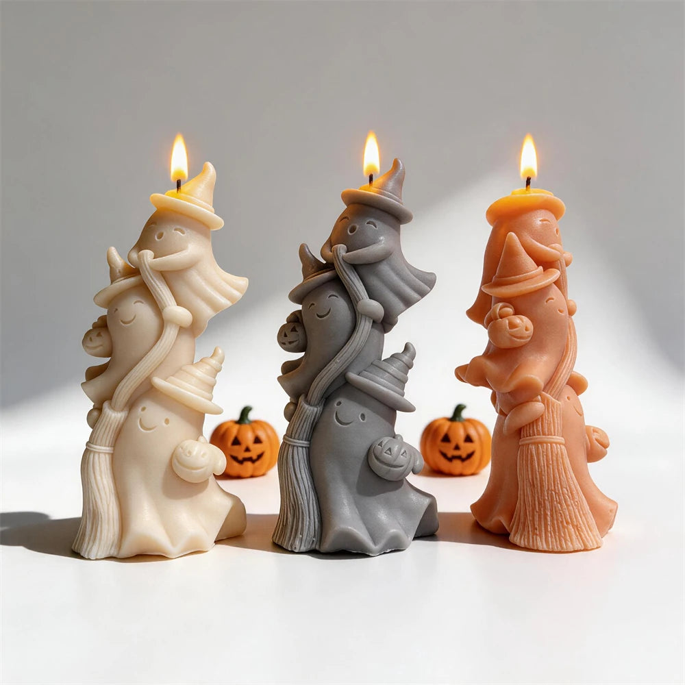 Angled stacked ghost candles showing the winding broom relief