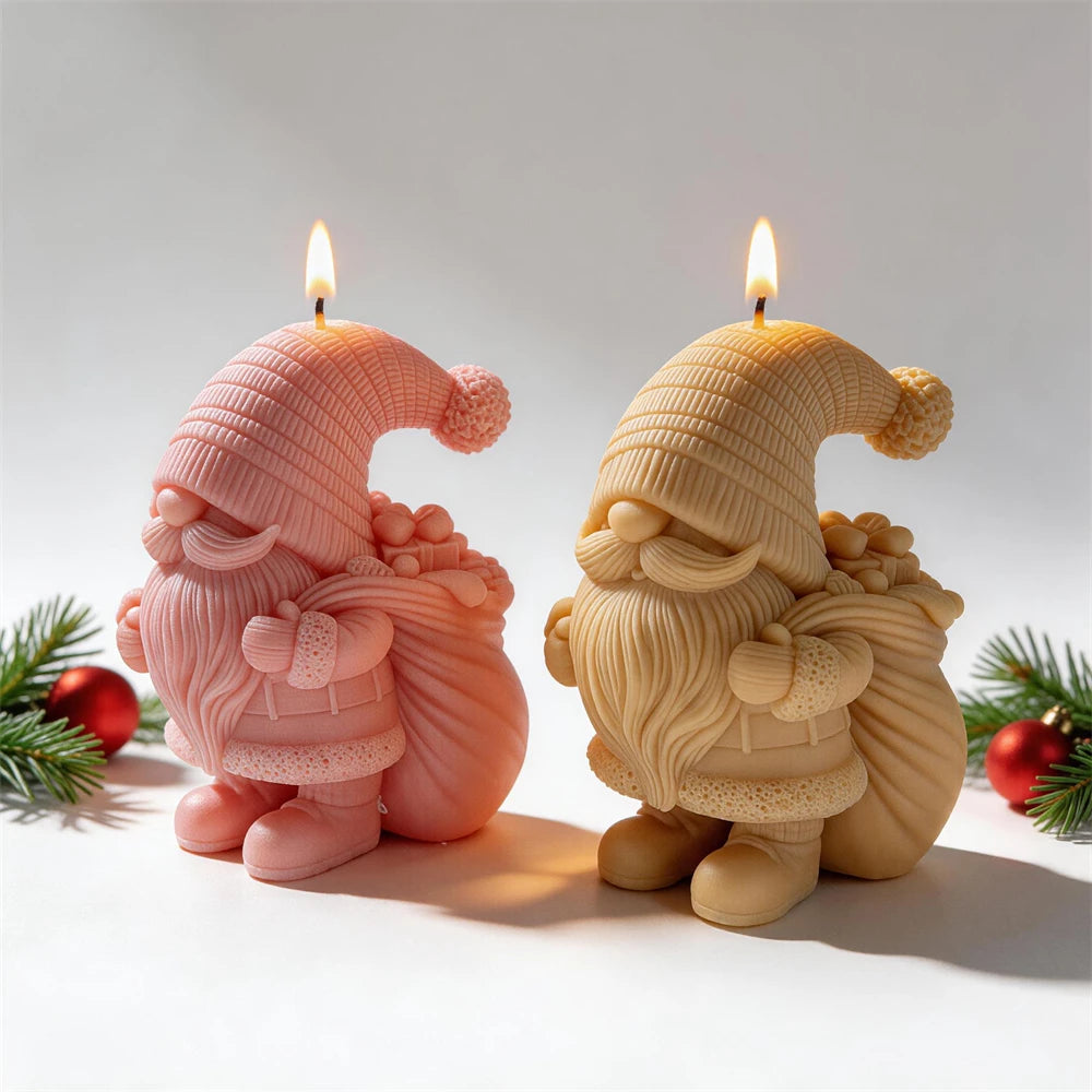 Christmas gnome candle examples beside festive decorations