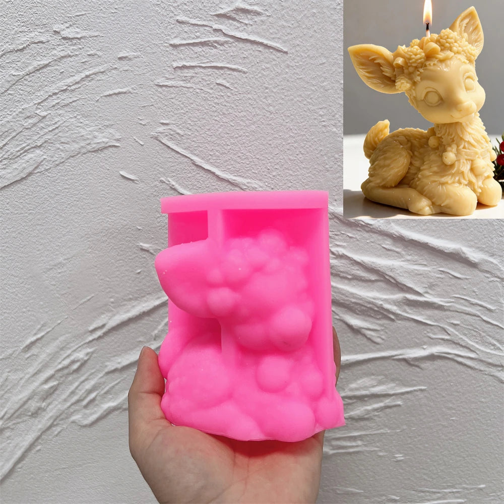 Pink silicone mold for seated reindeer decorative candle