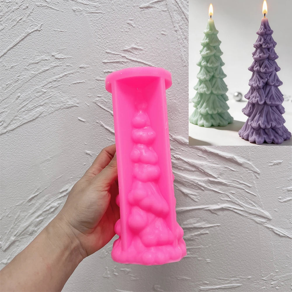 Pink silicone tiered Christmas tree mold beneath finished examples