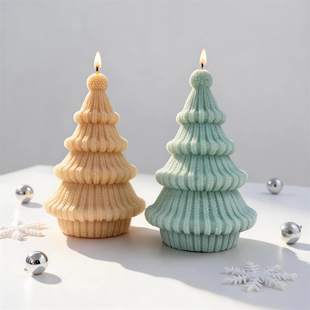 Rounded-tier Cable Knit tree candles with bobbled tops