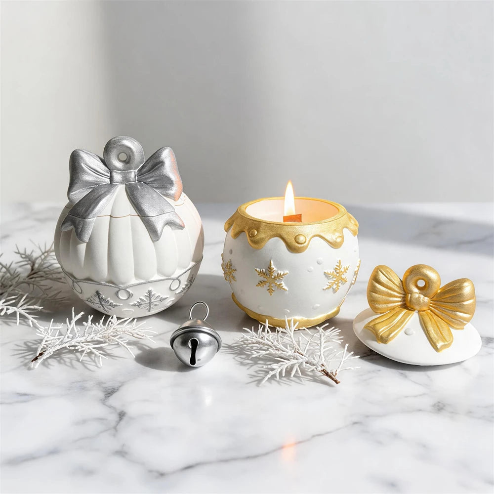 Bow-lidded decorative vessels styled with winter greenery