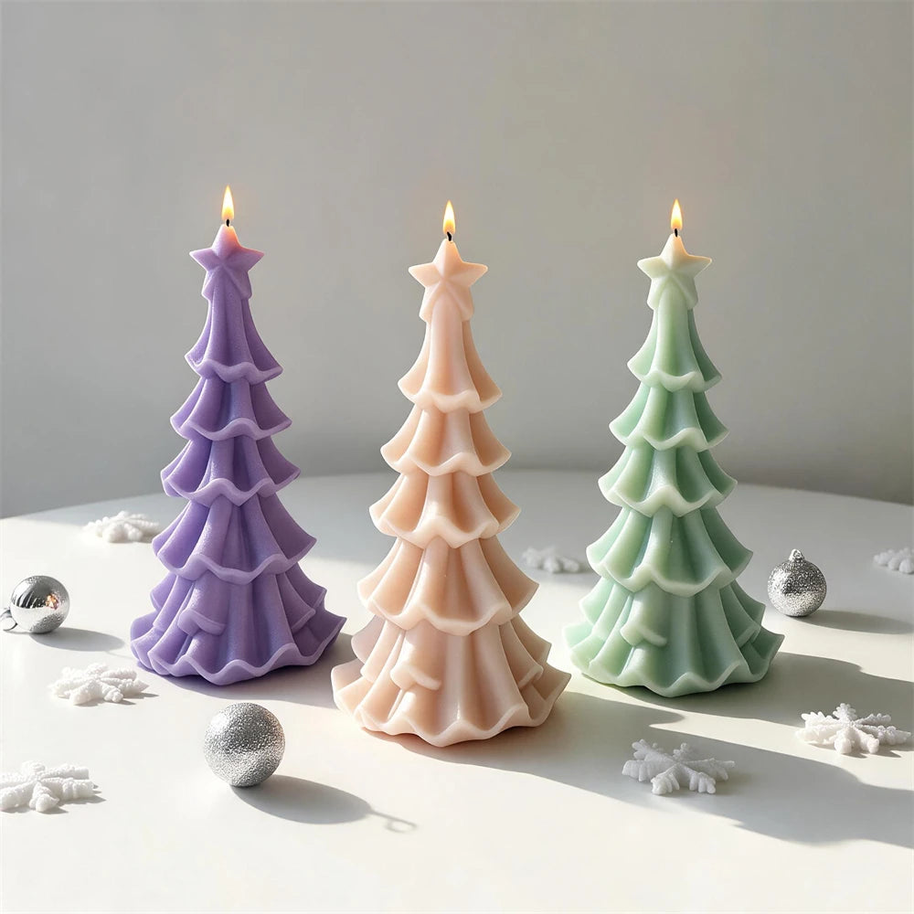 Purple, peach and green scalloped-tier Christmas tree candles