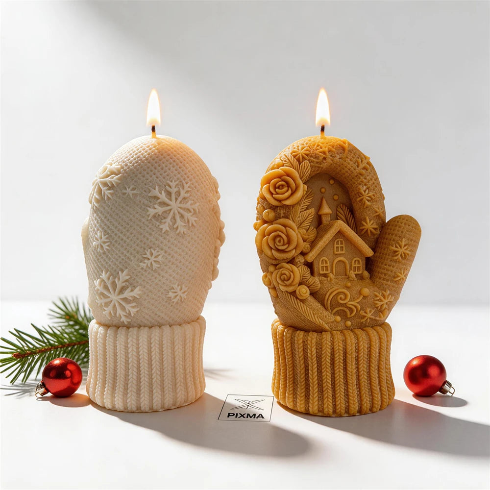 Front and back of cottage mitten candle samples showing snowflakes on the reverse