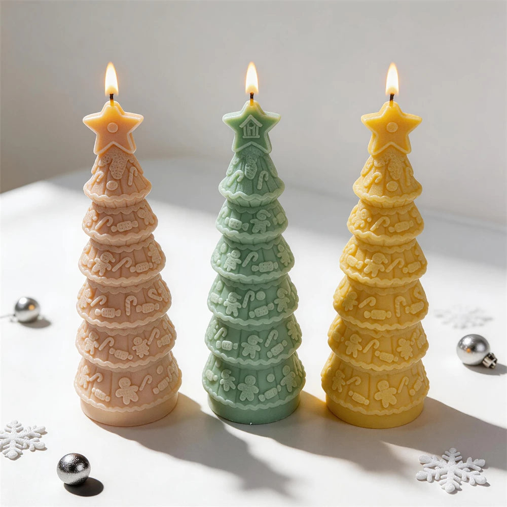 Star-topped trees with candy-cane and gingerbread relief